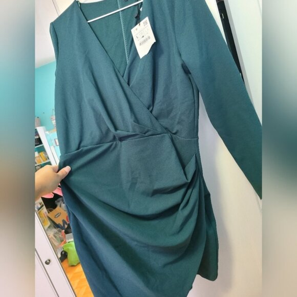 Zara Long Sleeve Wrap Mini Dress Green Teal V Neck Large - Picture 8 of 10
